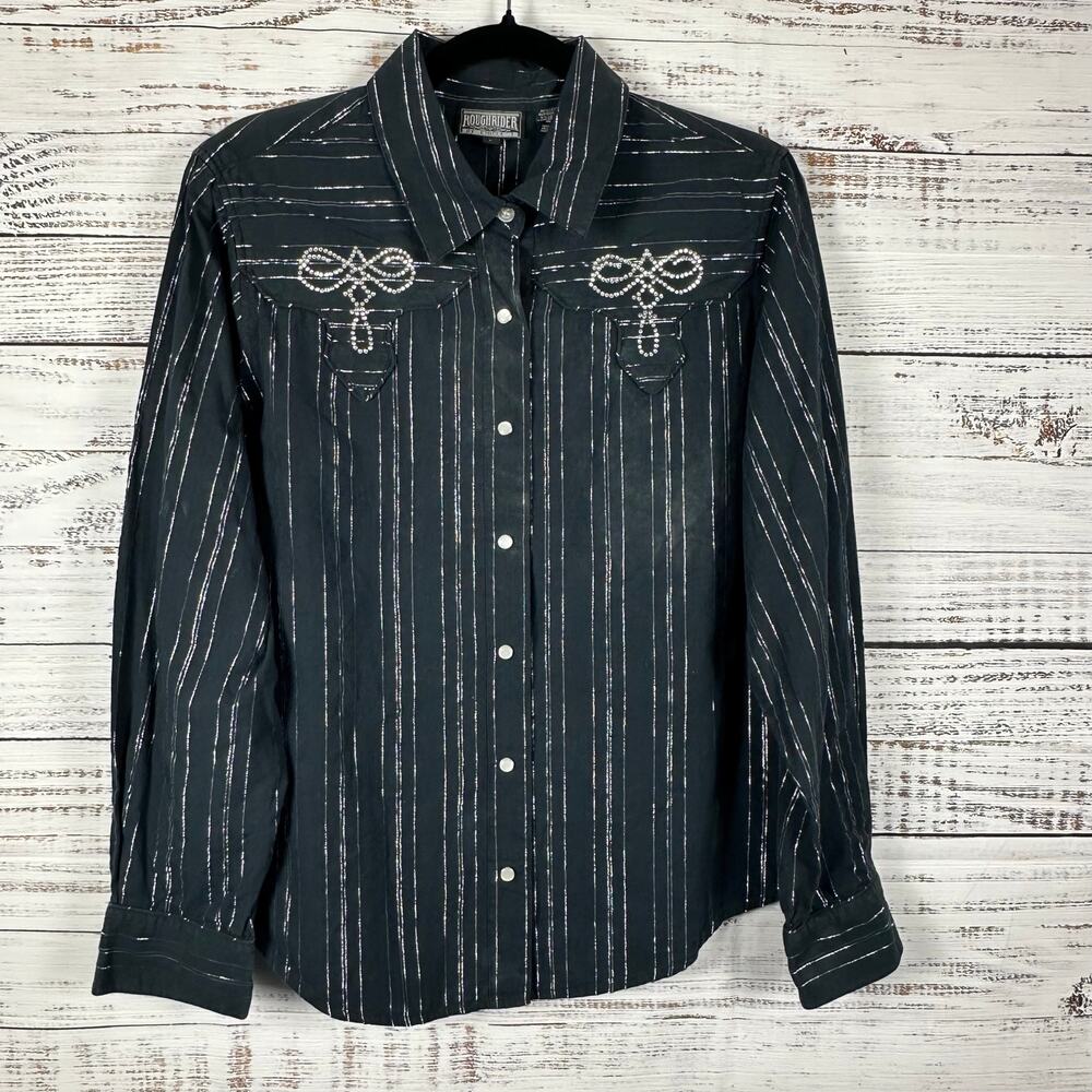 VTG Y2K RoughRider Circle T Black Silver Rhinestone Pearl Snap Top Rodeo Women L